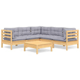 6 Piece Garden Lounge Set with Grey Cushions Solid Pinewood - Front View