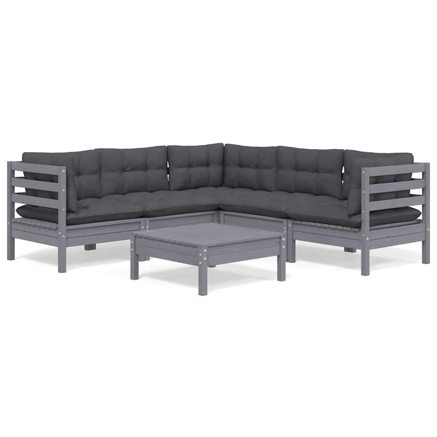 6 Piece Garden Lounge Set with Cushions Grey Solid Pinewood