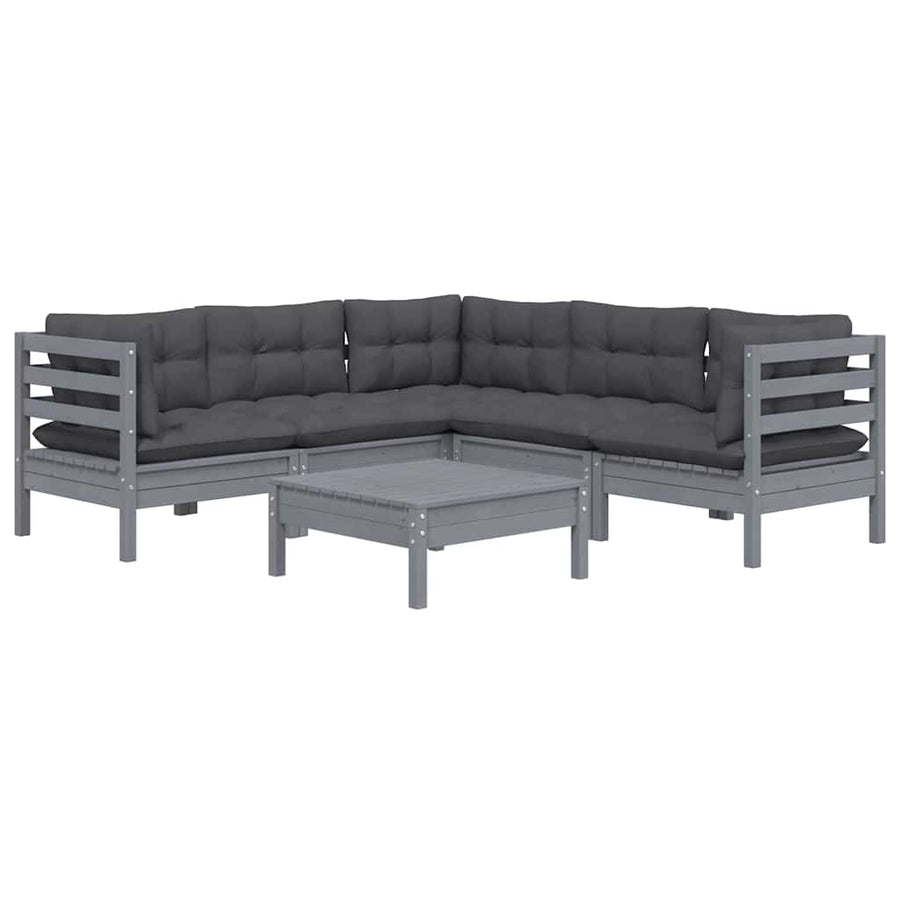 6 Piece Garden Lounge Set with Cushions Grey Solid Pinewood