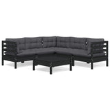 6 Piece Garden Lounge Set with Cushions Black Solid Pinewood - Front View