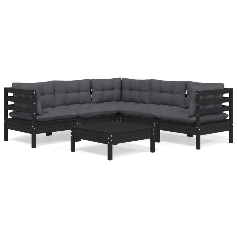 6 Piece Garden Lounge Set with Cushions Black Solid Pinewood