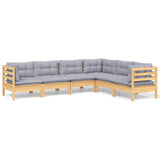 6 Piece Garden Lounge Set with Grey Cushions Solid Pinewood - Front View