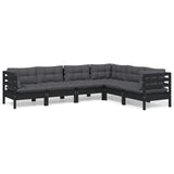 6 Piece Garden Lounge Set with Cushions Black Solid Pinewood - Front View