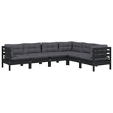 6 Piece Garden Lounge Set with Cushions Black Solid Pinewood