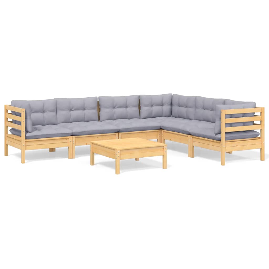 7 Piece Garden Lounge Set with Grey Cushions Solid Pinewood