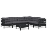 7 Piece Garden Lounge Set with Cushions Black Solid Pinewood - Front View