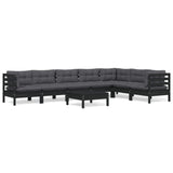 8 Piece Garden Lounge Set with Cushions Black Solid Pinewood - Front View