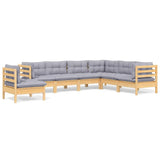 7 Piece Garden Lounge Set with Grey Cushions Solid Pinewood - Front View