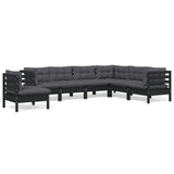7 Piece Garden Lounge Set with Cushions Black Solid Pinewood - Front View