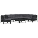 8 Piece Garden Lounge Set with Cushions Black Solid Pinewood - Front View