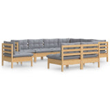 9 Piece Garden Lounge Set with Grey Cushions Solid Pinewood - Front View