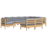 9 Piece Garden Lounge Set with Grey Cushions Solid Pinewood - Side View