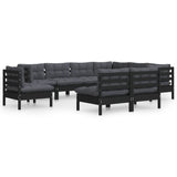 9 Piece Garden Lounge Set with Cushions Black Solid Pinewood - Front View