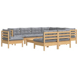10 Piece Garden Lounge Set with Grey Cushions Solid Pinewood - Side View