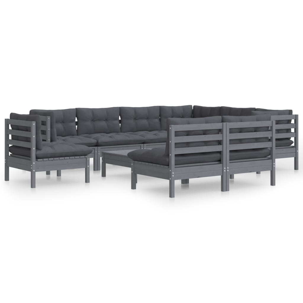 10 Piece Garden Lounge Set with Cushions Grey Solid Pinewood