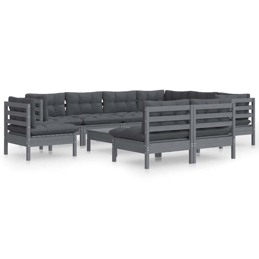 10 Piece Garden Lounge Set with Cushions Grey Solid Pinewood