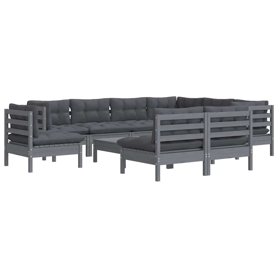 10 Piece Garden Lounge Set with Cushions Grey Solid Pinewood