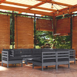 10 Piece Garden Lounge Set with Cushions Grey Solid Pinewood