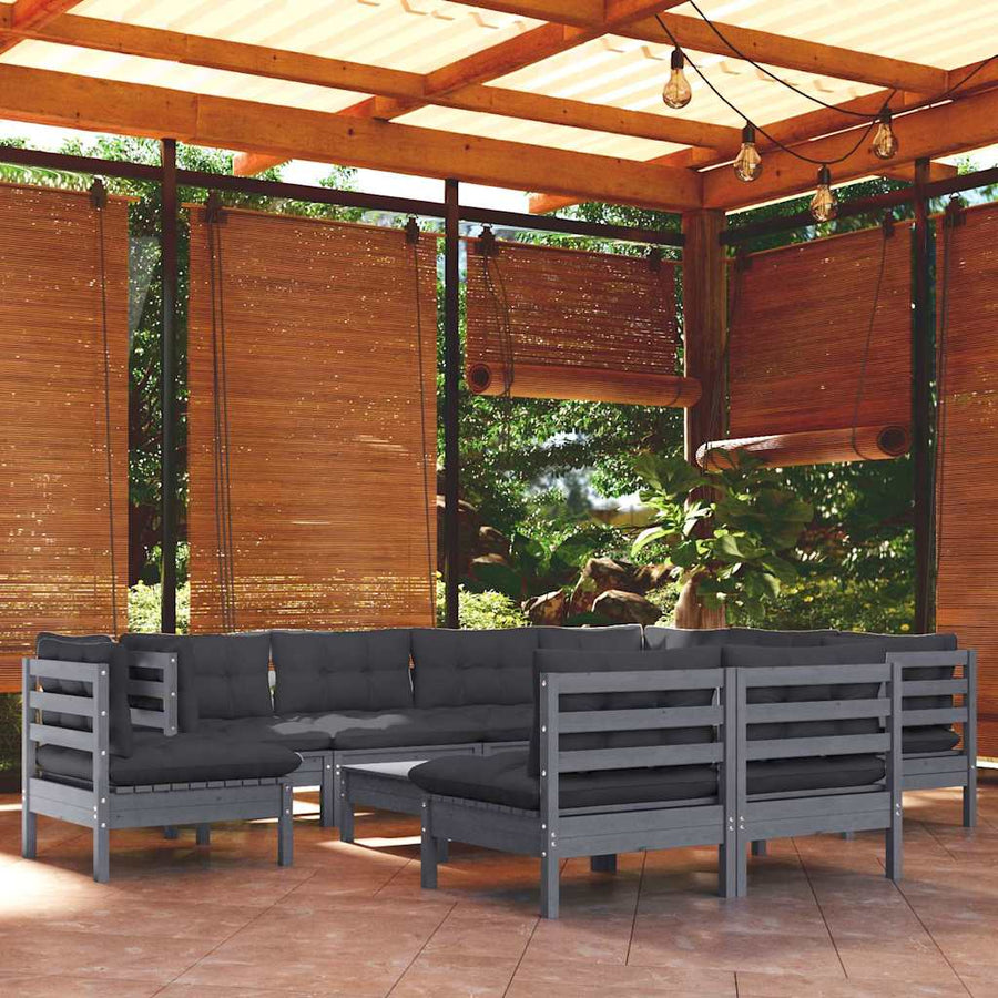 10 Piece Garden Lounge Set with Cushions Grey Solid Pinewood