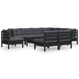 10 Piece Garden Lounge Set with Cushions Black Solid Pinewood - Front View