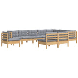 10 Piece Garden Lounge Set with Grey Cushions Solid Pinewood - Side View