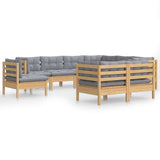 9 Piece Garden Lounge Set with Grey Cushions Solid Pinewood - Front View