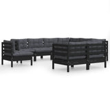 9 Piece Garden Lounge Set with Cushions Black Solid Pinewood - Front View