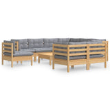 10 Piece Garden Lounge Set with Grey Cushions Solid Pinewood - Front View