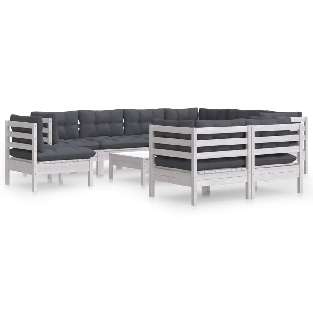 10 Piece Garden Lounge Set with Cushions White Solid Pinewood