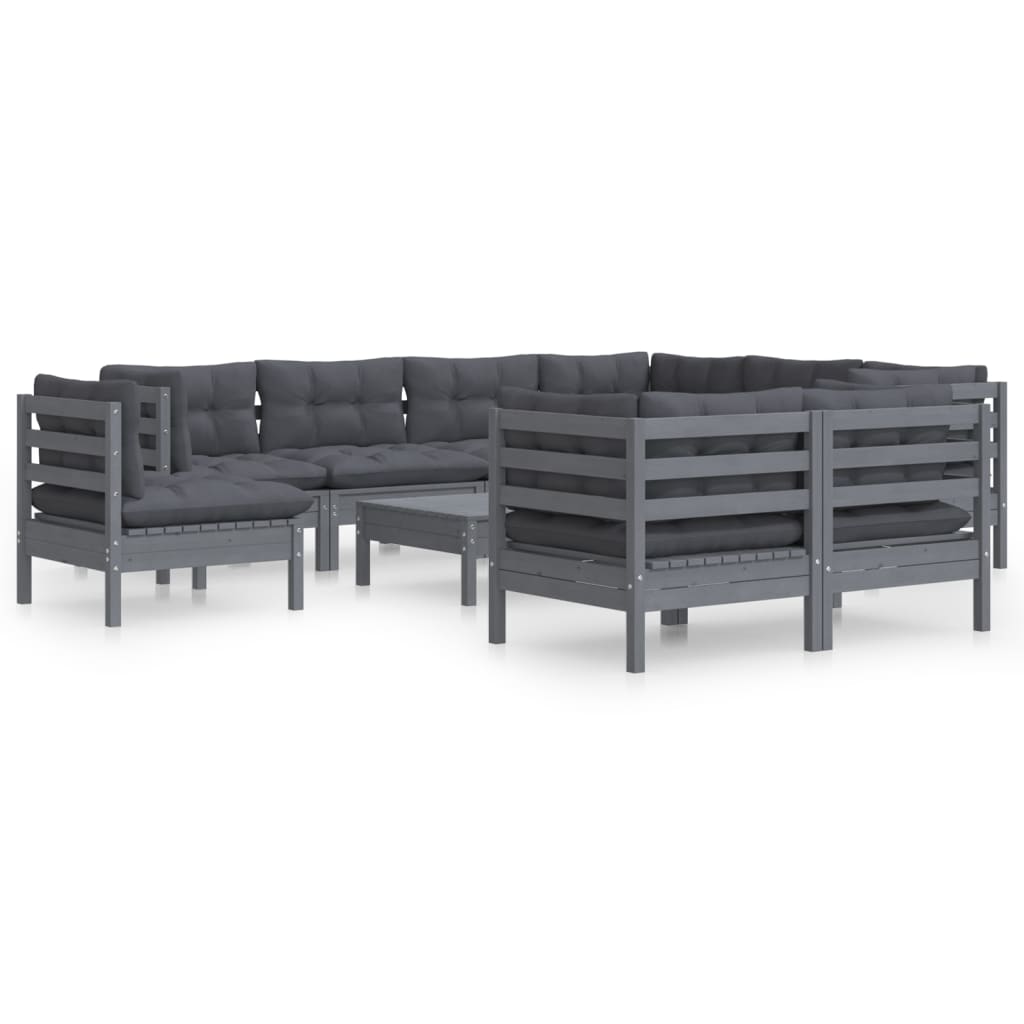 10 Piece Garden Lounge Set with Cushions Grey Solid Pinewood