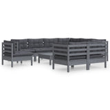 10 Piece Garden Lounge Set with Cushions Grey Solid Pinewood