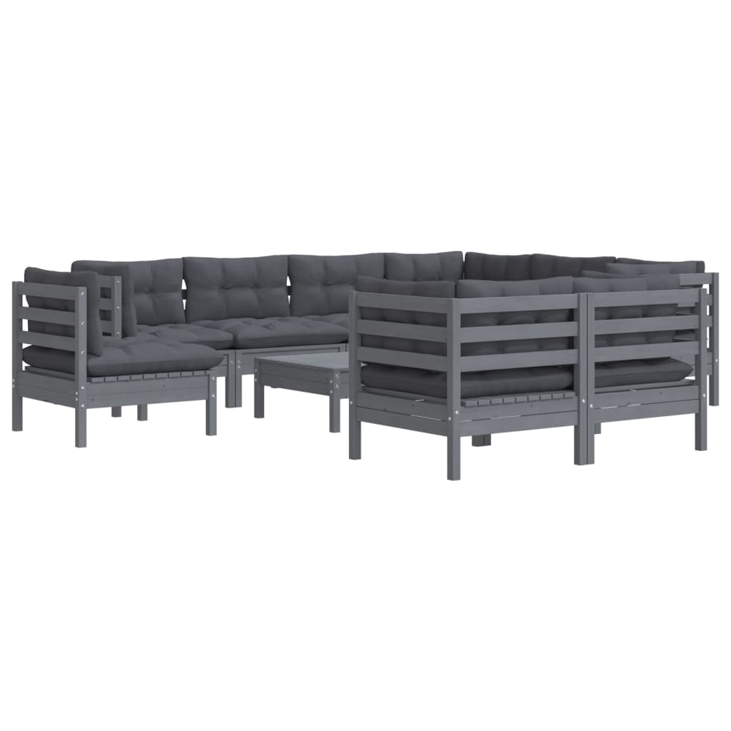 10 Piece Garden Lounge Set with Cushions Grey Solid Pinewood