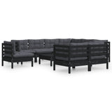 10 Piece Garden Lounge Set with Cushions Black Solid Pinewood - Front View