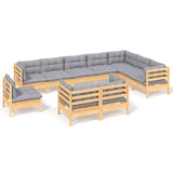 10 Piece Garden Lounge Set with Grey Cushions Solid Pinewood - Front View