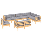 10 Piece Garden Lounge Set with Grey Cushions Solid Pinewood - Side View