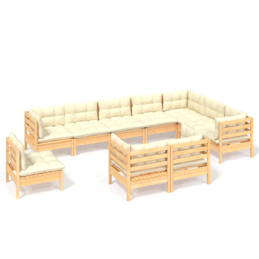 10 Piece Garden Lounge Set with Cream Cushions Solid Pinewood