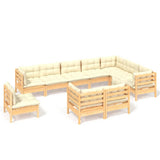 10 Piece Garden Lounge Set with Cream Cushions Solid Pinewood - Front View