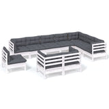 10 Piece Garden Lounge Set with Cushions White Solid Pinewood - Front View