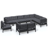 10 Piece Garden Lounge Set with Cushions Black Solid Pinewood - Front View
