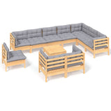 11 Piece Garden Lounge Set with Grey Cushions Solid Pinewood - Front View