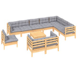 11 Piece Garden Lounge Set with Grey Cushions Solid Pinewood - Side View