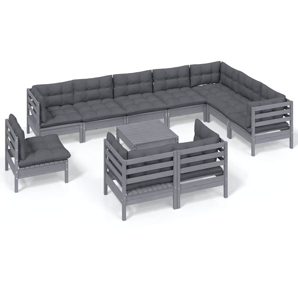 11 Piece Garden Lounge Set with Cushions Grey Solid Pinewood