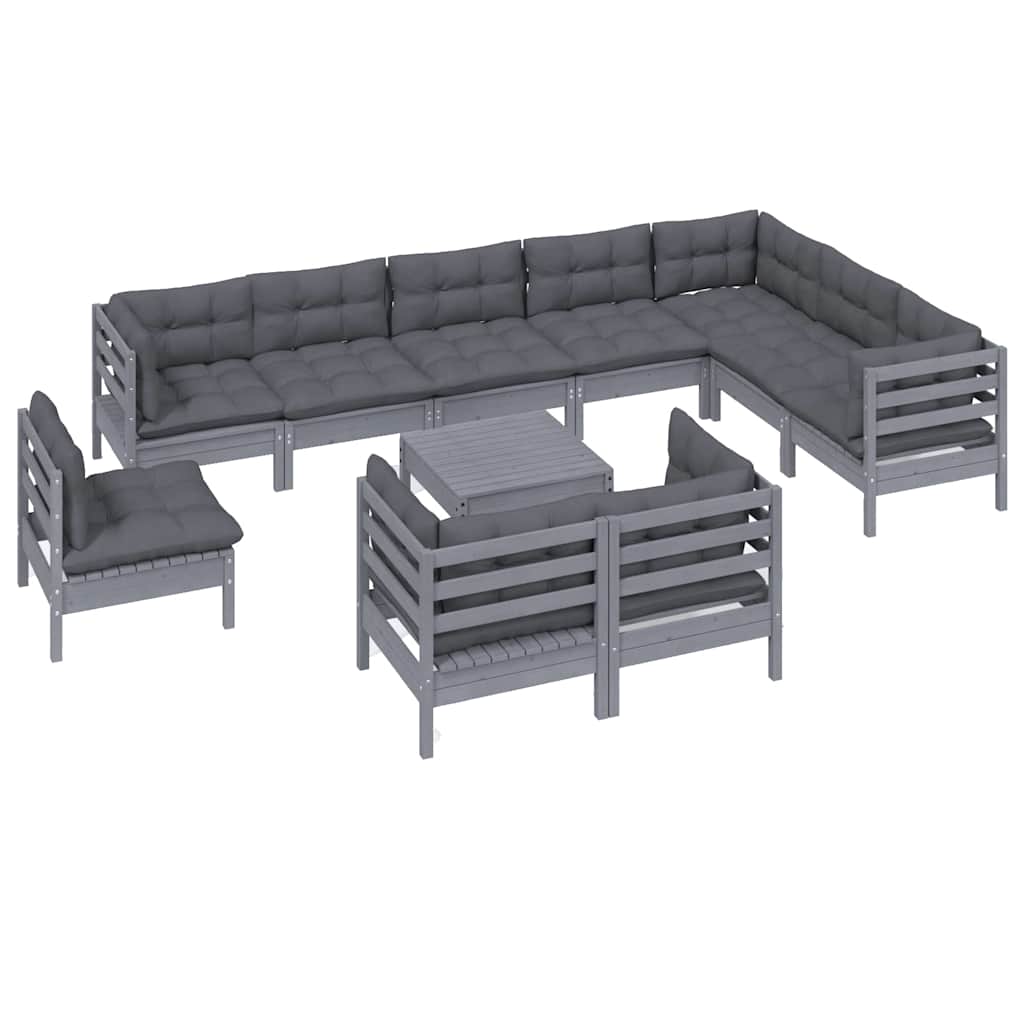 11 Piece Garden Lounge Set with Cushions Grey Solid Pinewood