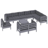 11 Piece Garden Lounge Set with Cushions Grey Solid Pinewood - Side View