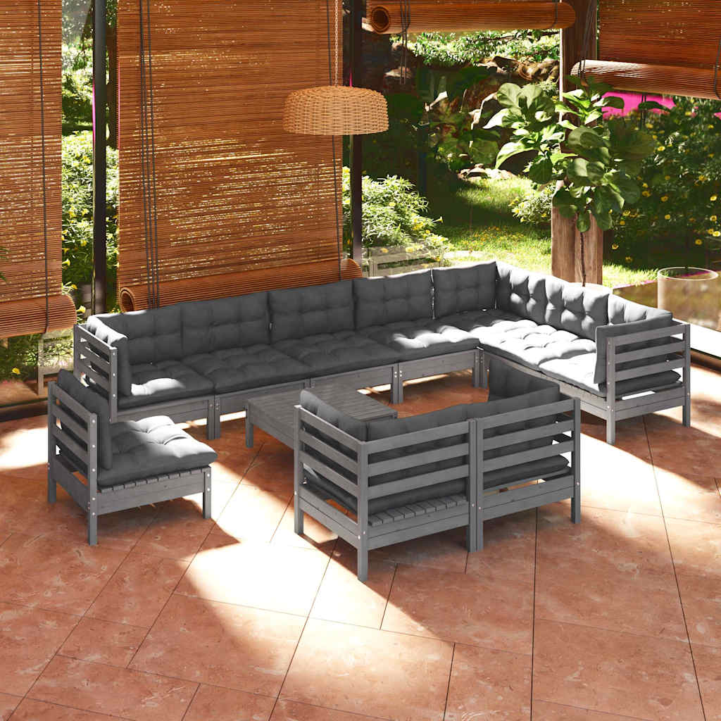 11 Piece Garden Lounge Set with Cushions Grey Solid Pinewood