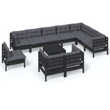 11 Piece Garden Lounge Set with Cushions Black Solid Pinewood - Front View