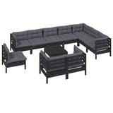 11 Piece Garden Lounge Set with Cushions Black Solid Pinewood - Side View