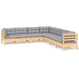 7 Piece Garden Lounge Set with Grey Cushions Solid Pinewood - Front View