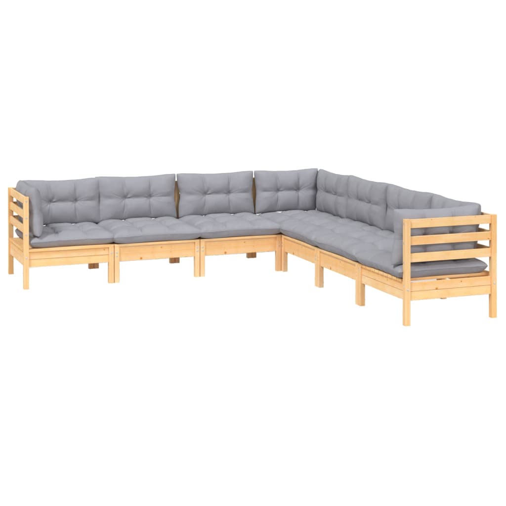 7 Piece Garden Lounge Set with Grey Cushions Solid Pinewood