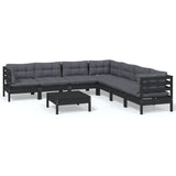 8 Piece Garden Lounge Set with Cushions Black Solid Pinewood - Front View